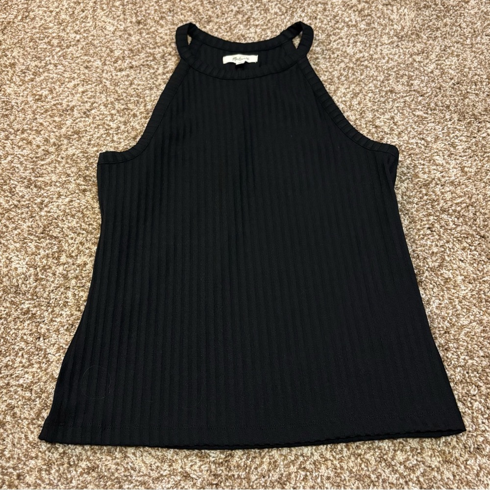 Madewell || Ribbed Knit High Neck Black Textured Tank Top Size L